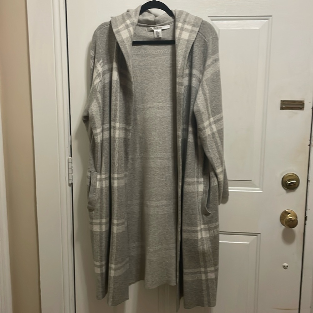 Plaid sweater full length cardigan with hood 2X